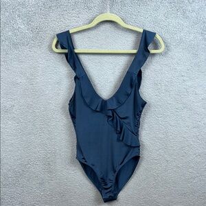 Topshop Womens Dark Slate Blue Ruffle Bodysuit. Three Snap Closure Size 6